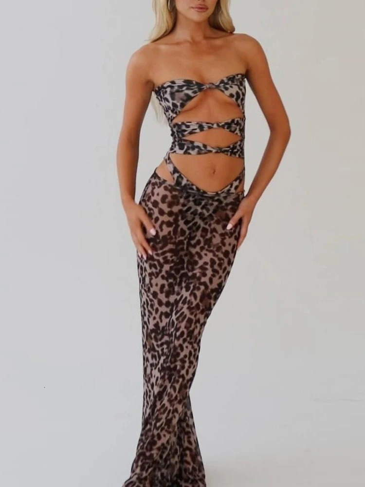 Sisterlinda Mesh Leopard 2Piece Set Fashion Sexy Hollow Out Strapless Slim BodysuitsMatching Maxi Skirts Female Holiday Outfits 250605A