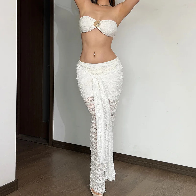 VEITCHE Fashion Women Lace Off Shoulder Bikini And Skirt Swimsuit Sexy Biquini Lady 2Pcs Set Swimwear Female Beachwear Outfits 250604