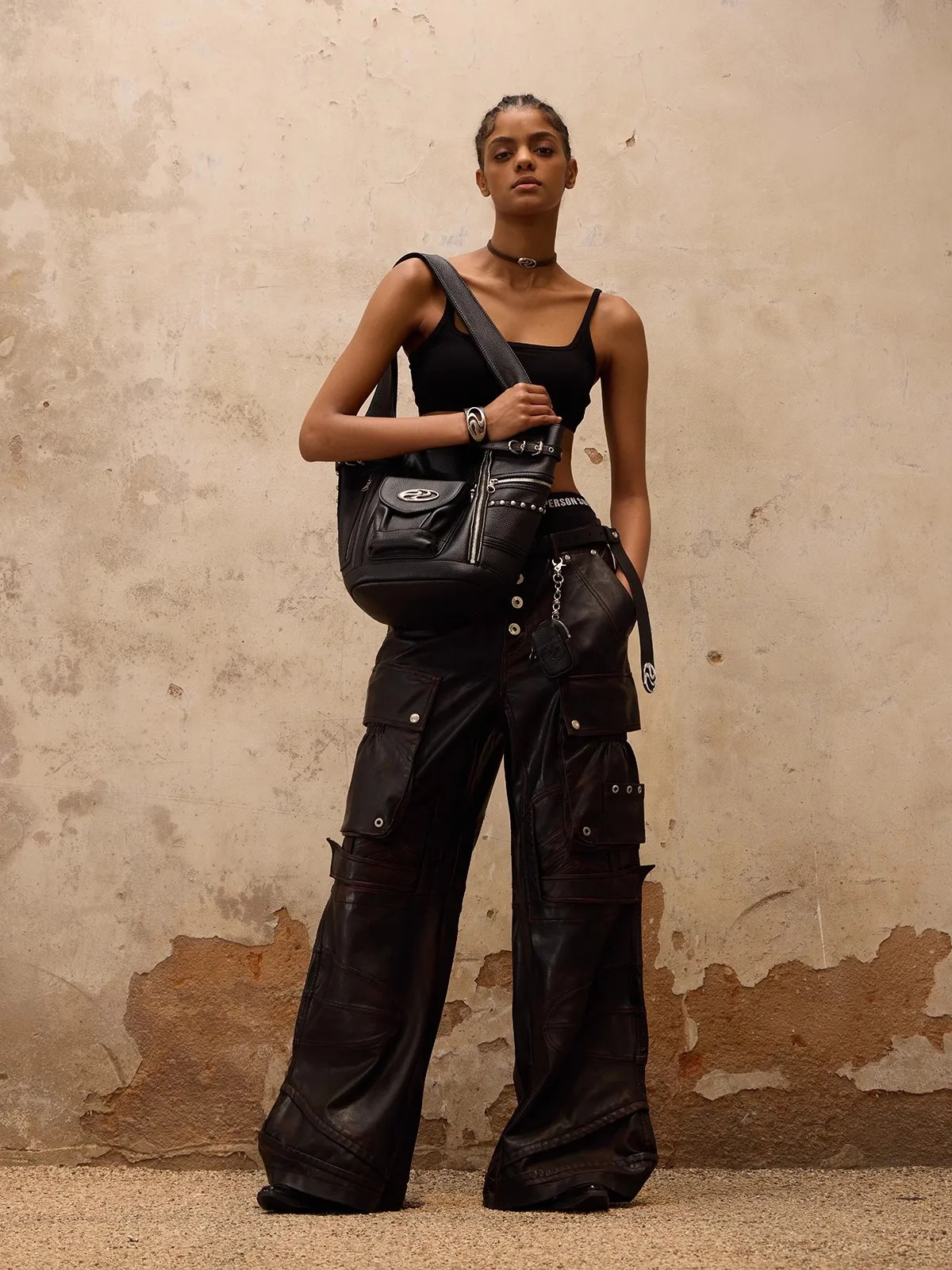 Lautaro Spring Autumn Cool Baggy Distressed Pu Leather Wide Leg Cargo Pants for Women y ner Emo Punk style Clothing 250604