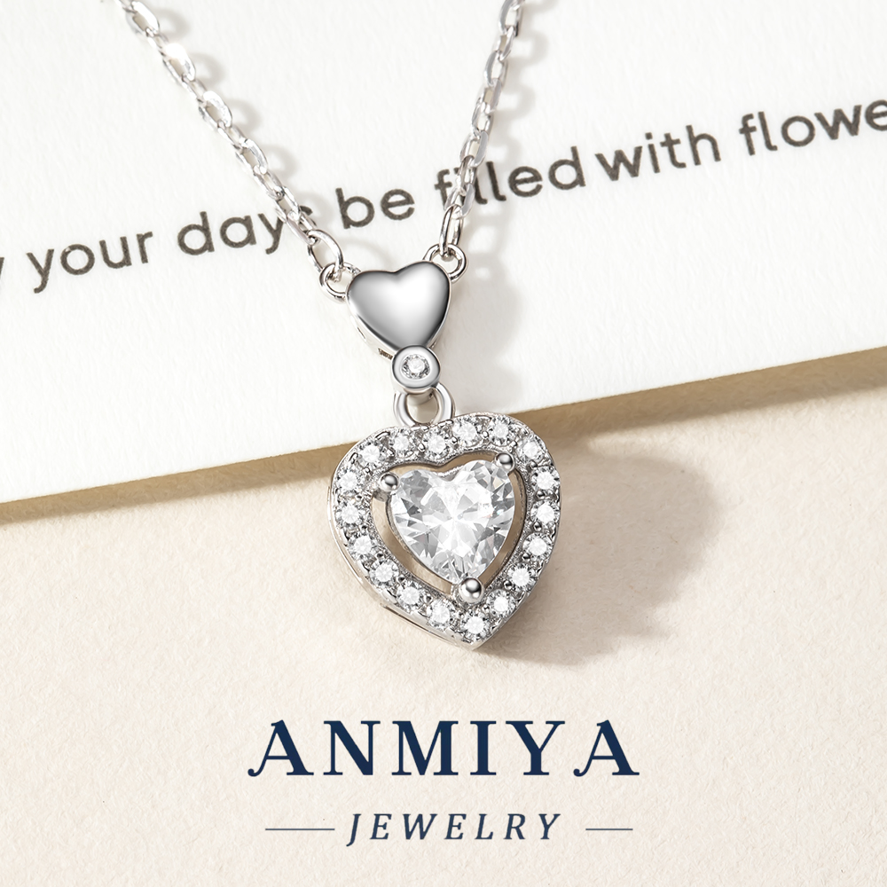 Classic 925 Silver Jewelry Heart Zircon Inlay Pendant Necklace with Heart Shackle for Anniversary Gifts
