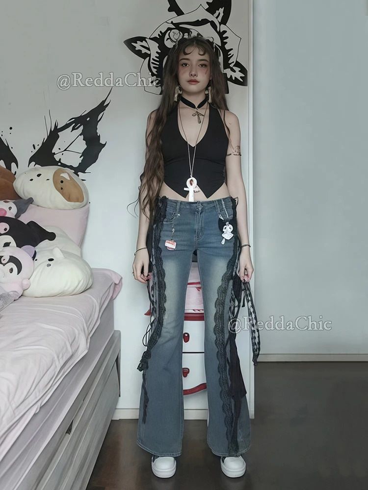 REDDACHiC Split Lace Up Flare Jeans with Liner Shorts Women ICON Street Do Old Stretchy Low Waisted Pants Retro Y2k Bell Bottoms 250604