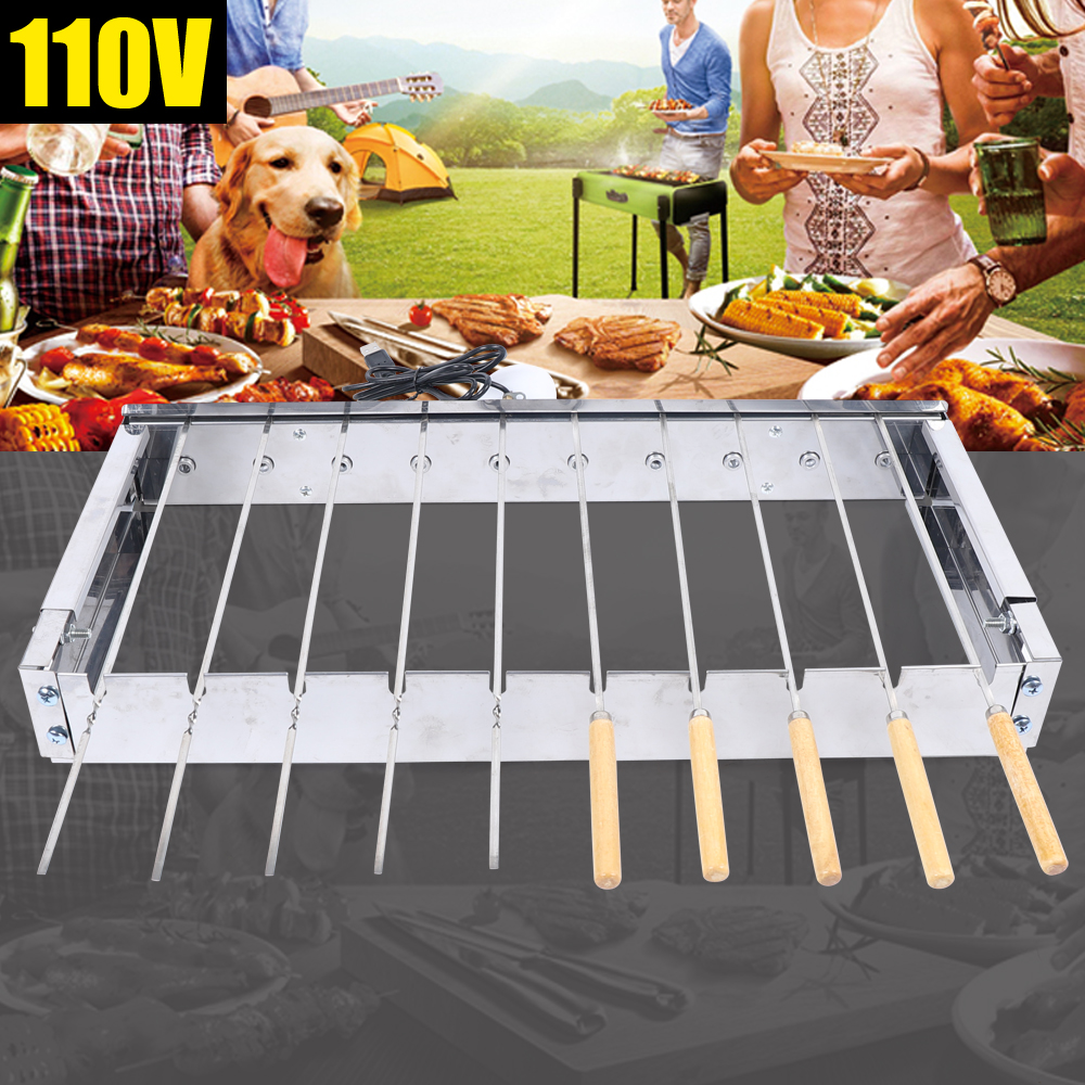 10 Holes Automatic Rotating Skewer Turner, Outdoors Portable Automatic BBQ Flipping Rotating Rotisserie Grill Skewer Shelf, Stainless Steel Adjusted W