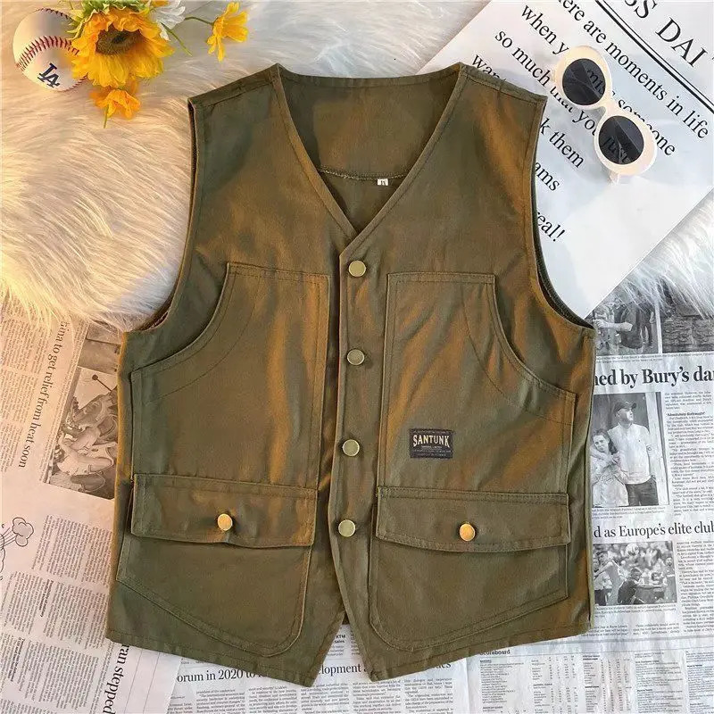 Japanese Retro Multipocket Workwear Vest Men Women in Summer Hong Kong Style Loose Versatile Waistcoat Sleeveless Cityboy 250605Z