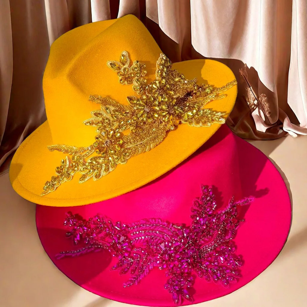 Rose DIY hat Fedora hat with diamond embroidery autumn/winter wedding party travel gentleman hat 56-58CM sombrero mujer 250605