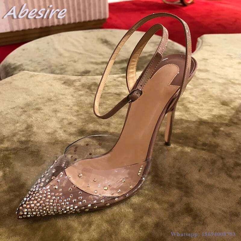Abesire New PVC Sandals Pointed Toe Buckle High Heels Summer Shoes For Women Stilettos Clear Crystal Pumps
