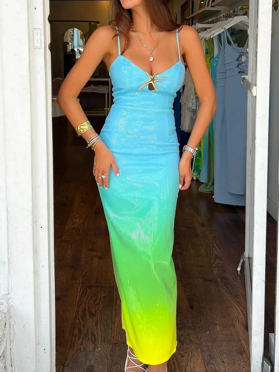Women Y2k Sequin Maxi Dress Fashion Gradient Print Backless Bodycon Long Dress Colorful Spaghetti Strap Beach Elegant Sundress 250604