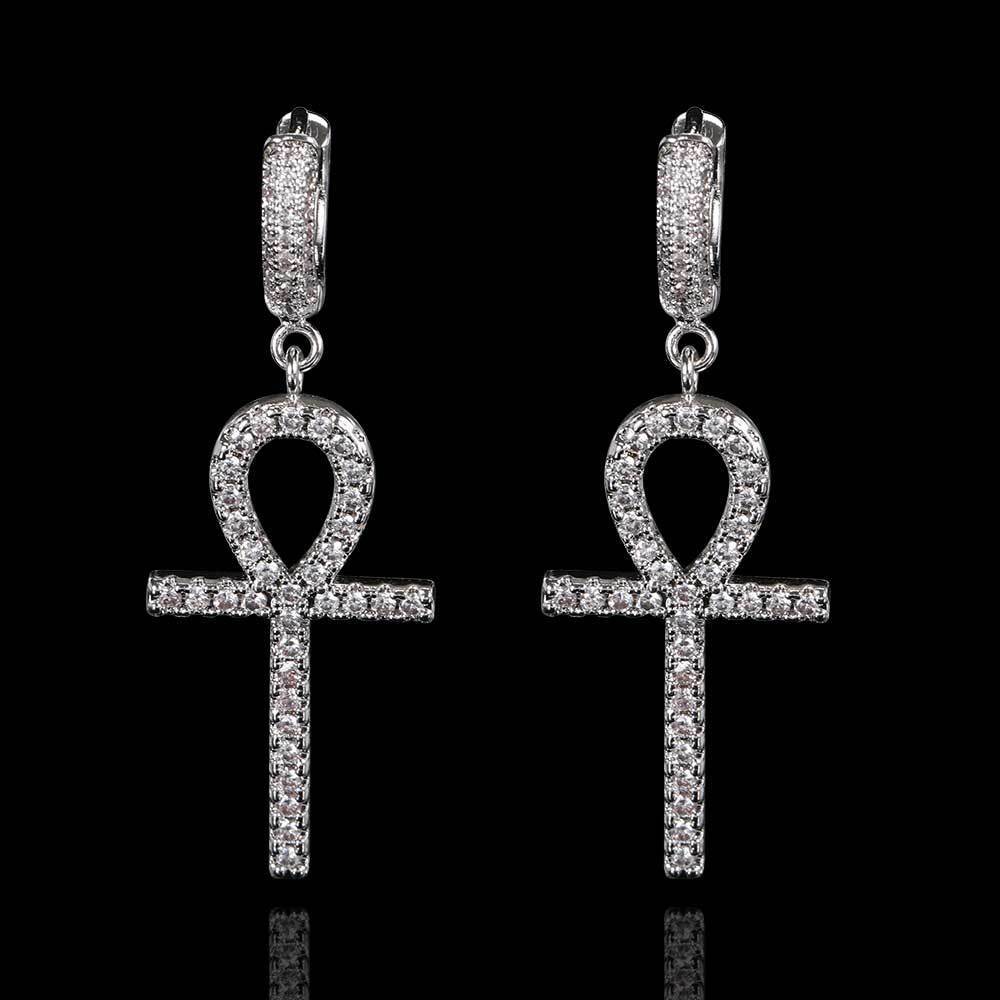 New hip hop Earrings Anhe key Cross Earrings mens and womens Micro set zircon personalized Anka Earrings moissanite