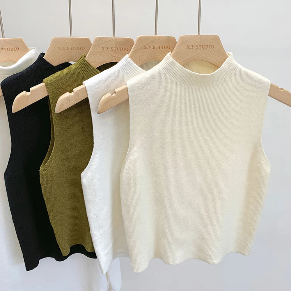 Womens Vest Tank Top Solid Color Knitted T-Shirt Spring Autumn Sleeveless Cropped Top Camisole Soft Half-turtleneck Sweater 250529