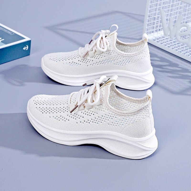 Flyknit Casual Shoes Women S Spring New Korean Style Mesh Breathable White Sneakers Outdoor Comfortable Simple Lightweight Thick Soled Sports Shoes Dd