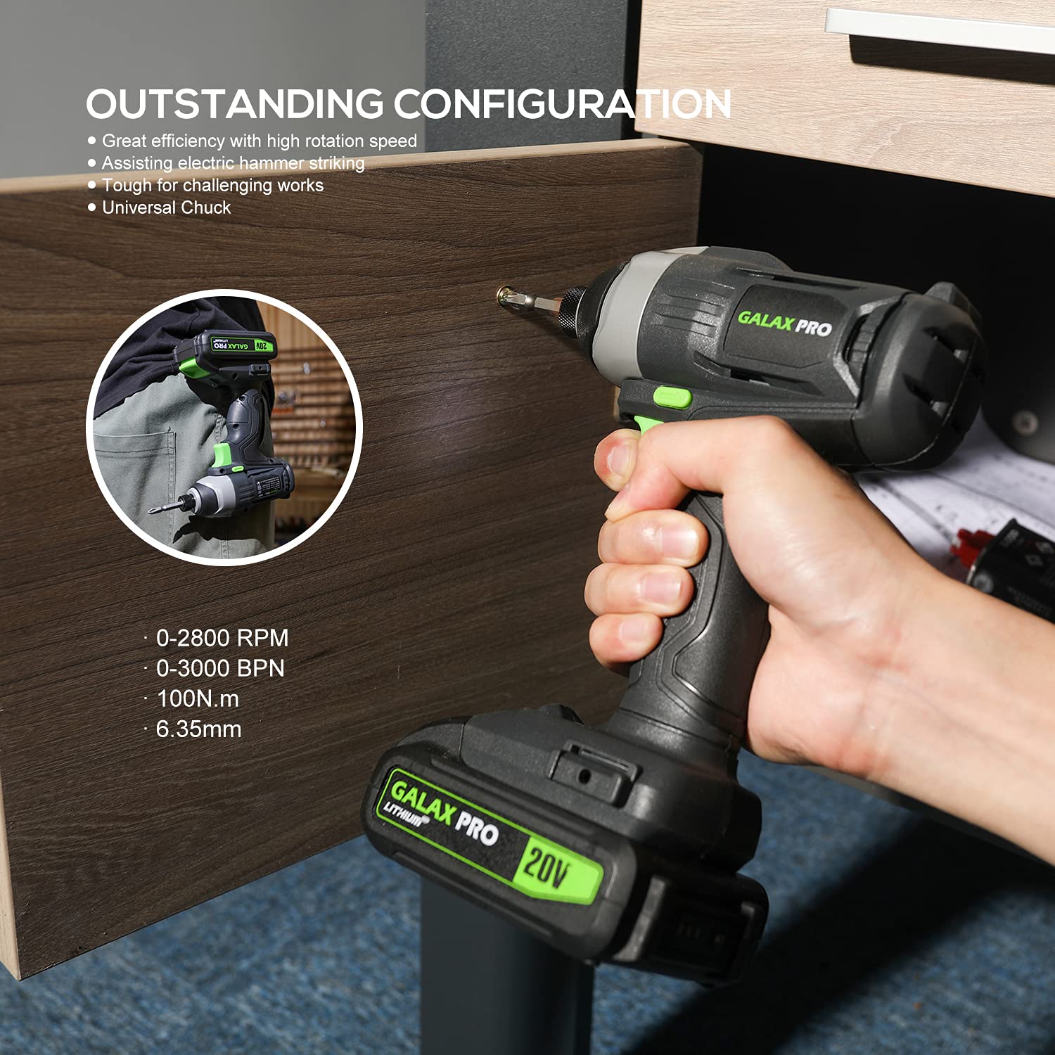 GALAX PRO Cordless Impact Driver 20V, Variable Speed (0-2800RPM),with LED Work Light, 6pcs Screwdriver Bits, 1.3Ah Battery and Charger