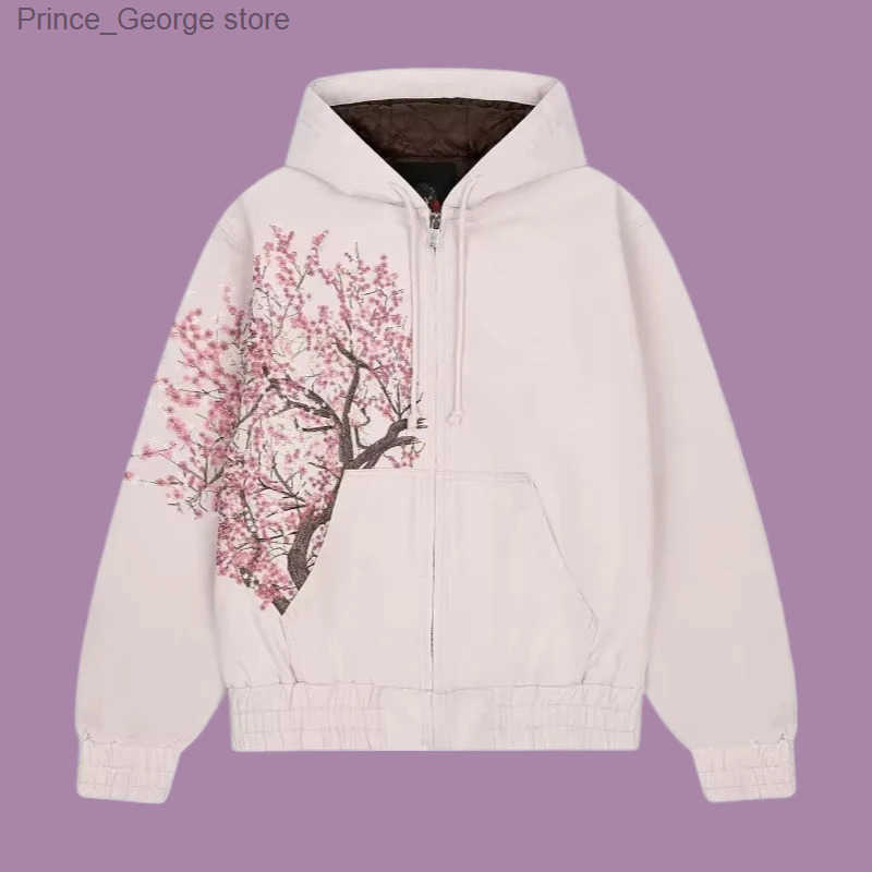 American New Trend Retro Cherry Blossom Embroidery Oversize Zipper Hoodie Mens Y2K Harajuku Hip-Hop Gothic Couple Sweatshirt L250605