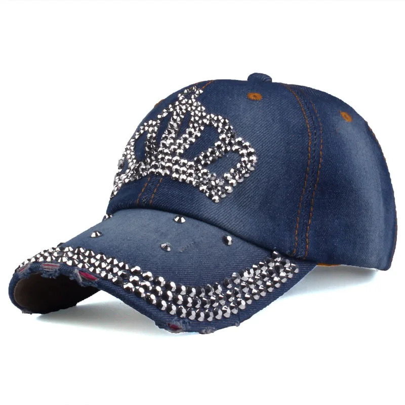 Women Autumn Crown Cotton Denim Baseball Caps Girls Diamond Bling Hat 250603
