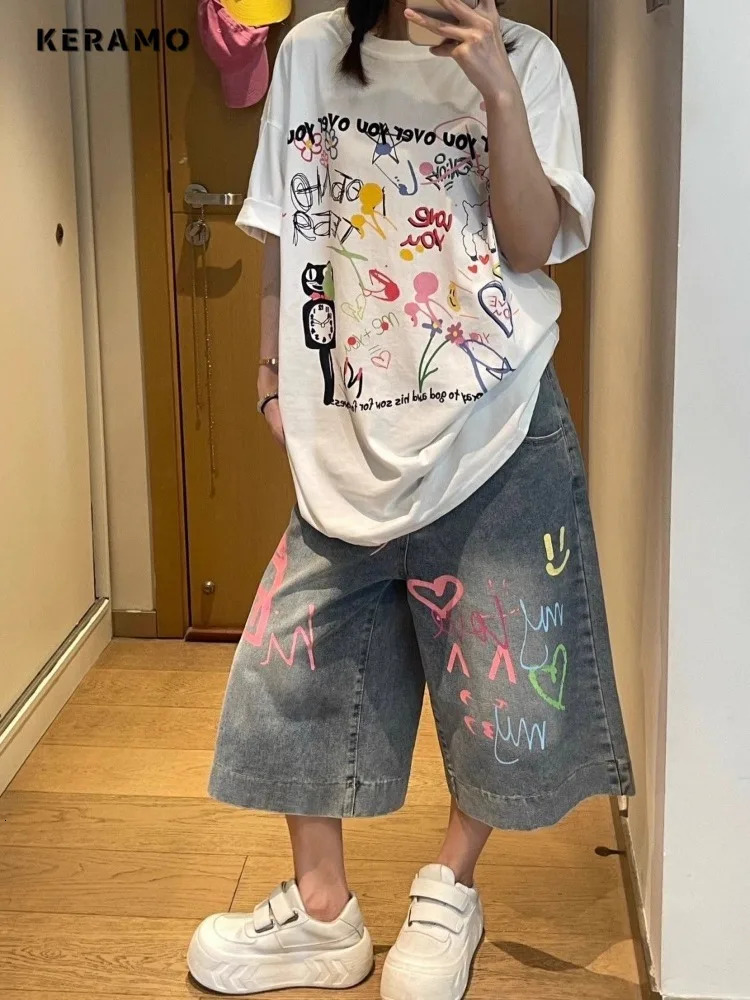 Y2K Heart Printing Calf Length Denim Trouser Vintage Casual Emo Blue Pants Womens Street Grunge 2000s High Waist Jeans 250604