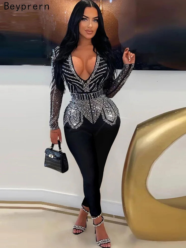 Beyprern Sparkle Black Rhinestone Long Pants Jumpsuits Womens Autumn Long Sleeve Crystal Rompers Nightclub Outfits Clubwear 250521