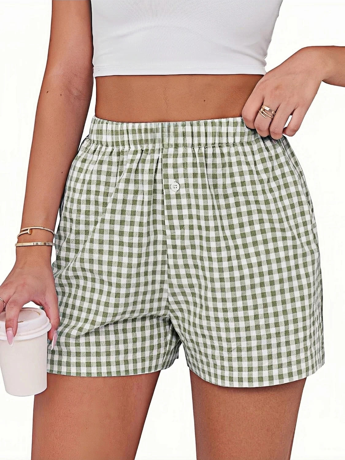 Summer Womens Casual High Waist Loose Wide Leg Retro Plaid Short Comfortable Fashionable Ladies Pants 250604