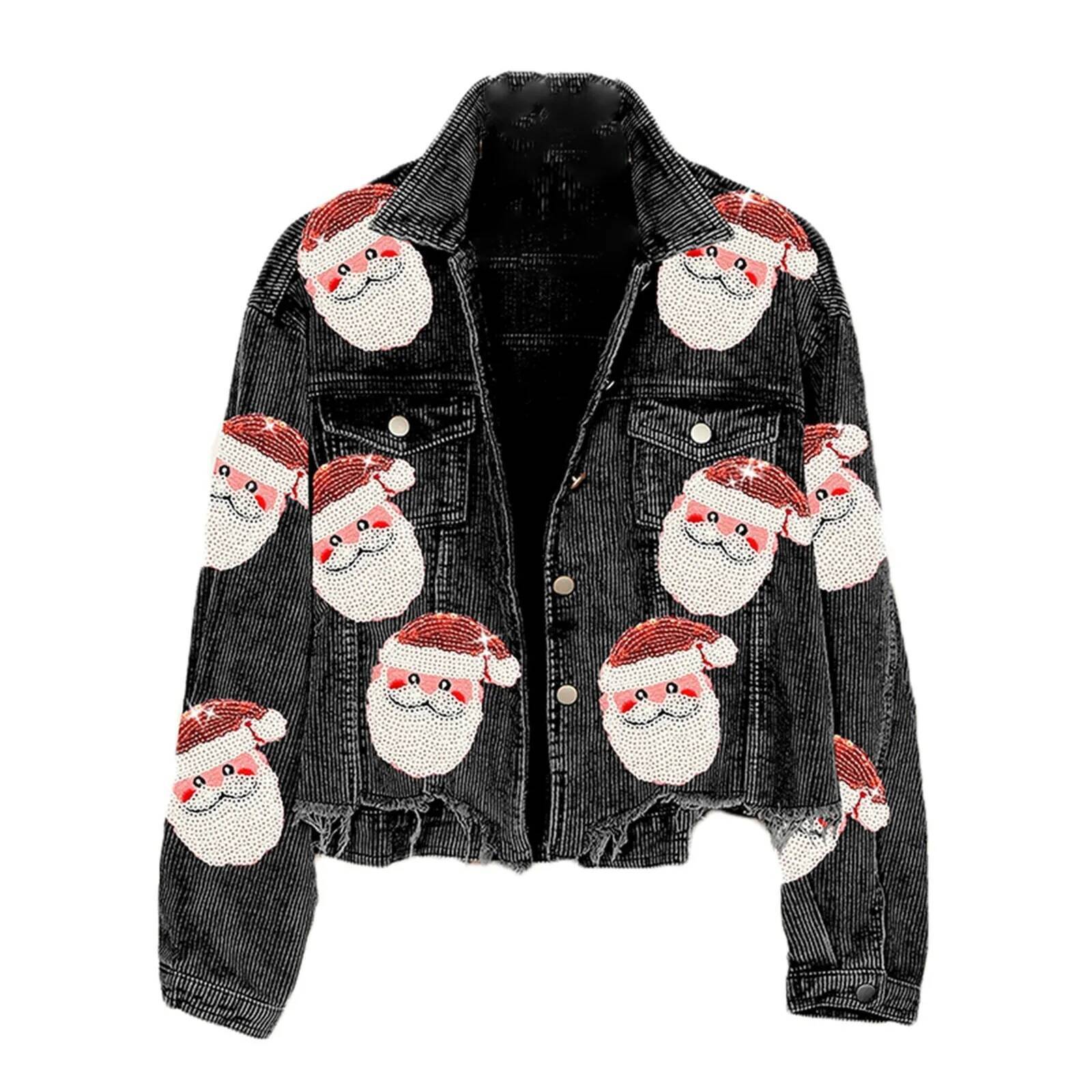 Sequined Santa Claus Vintage Single Breasted Christmas Corduroy Jackets Retro Coats Chaqueta Navidad Mujer