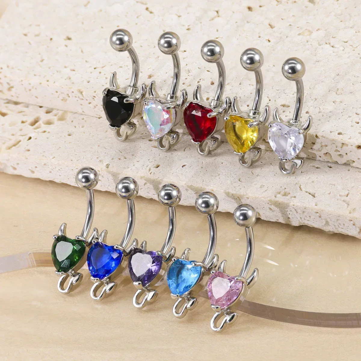 3Pcs Steel Heart Navel Belly Button Rings Devil Shape Colored Zircon CZ Belly Piercings Jewelry Piercings Women Gift 250530