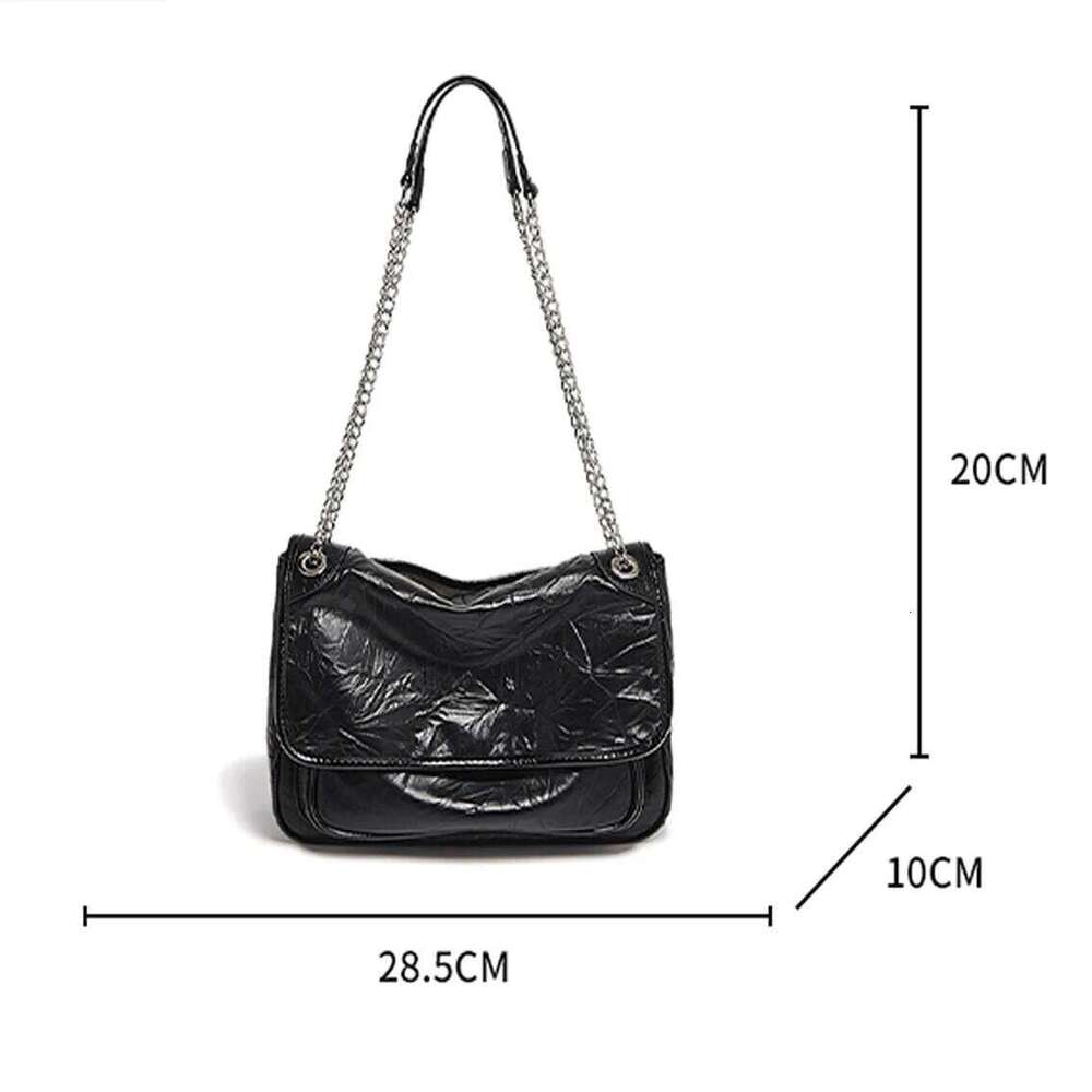 OLOEY FOXER Women Genuine Leather + PU Shoulder Handbag Classic Fashion Black Tote Chain Bag