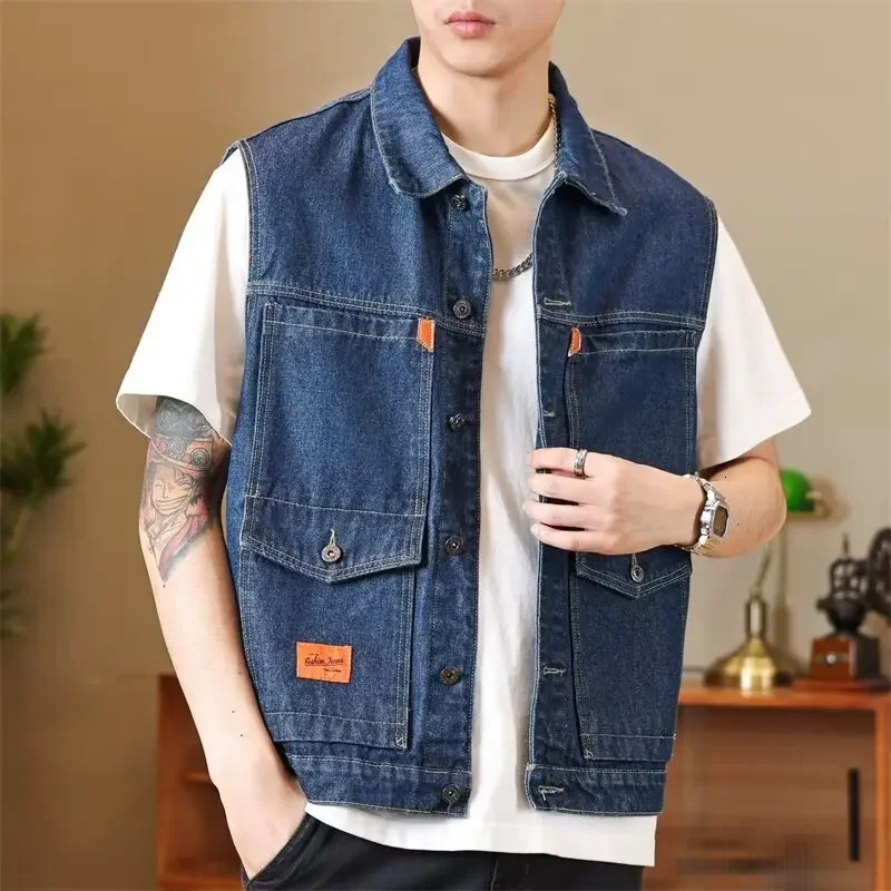 2023 Mens GreyVintagedenimJacket SimpleTrendy LooseFit Versatile Workwear Denim Vest Motorcycle Rider Clothing 250605Z