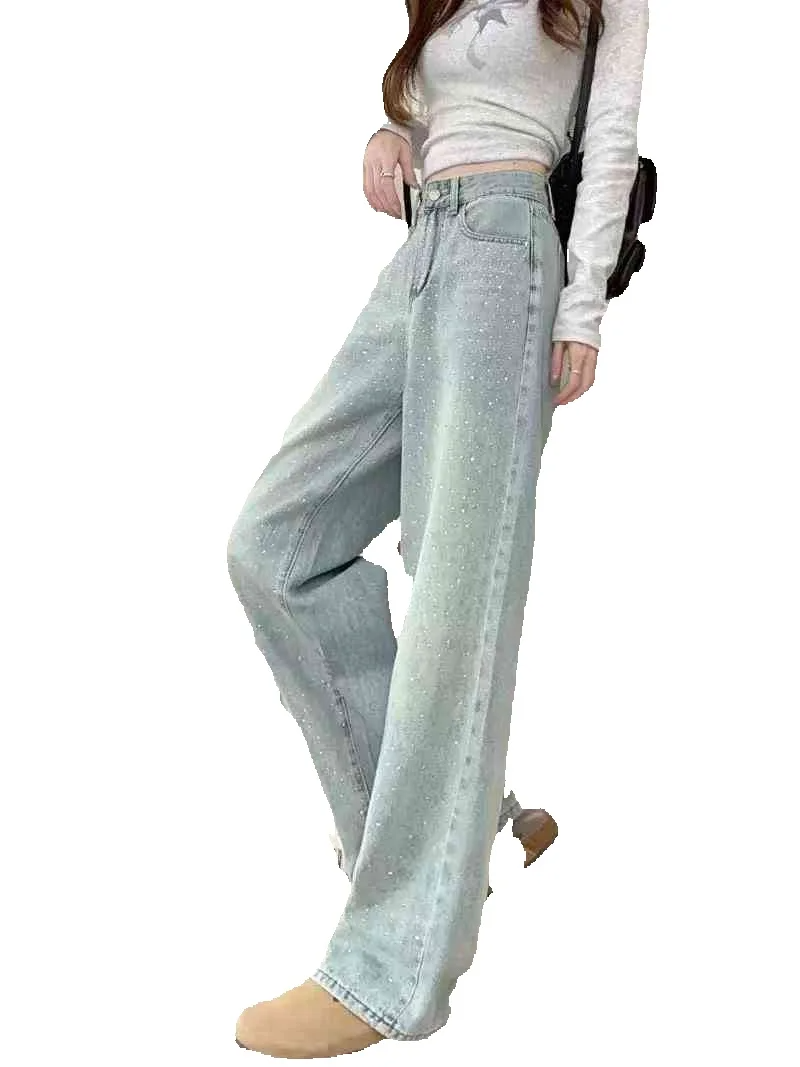 2025 Spring/Summer New Women's Pants Retro Light Color Diamond Adorned Straight leg Women's Jeans New High Waist Slimming Designer Casual Wi