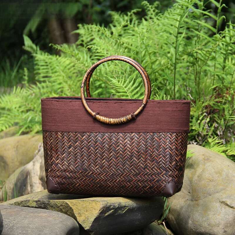 Rattan Weave Wooden Handle Retro Ladies Fashion Handmade Retro Bamboo Handbag Old Straw Woven Bags For Women Totes