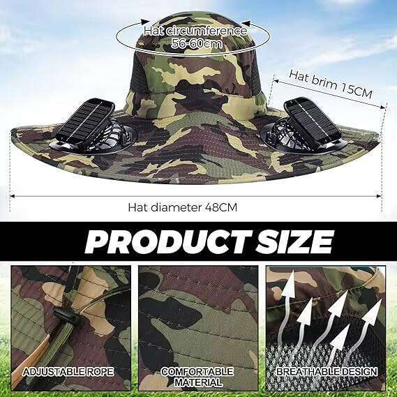 Camping Hiking Beach Camo Wide Brim Outdoor Sunscreen Solar USB Charging Fan Fishing Bucket Hat
