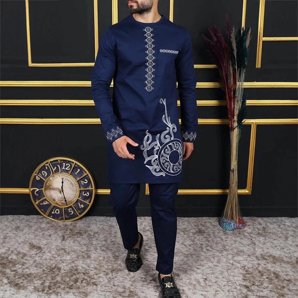 Kaftan Elegant African Mens Set 2 Pieces Outfits Long Sleeve Ethnic Tops And Pants Full Mens Suit Wedding Men Clothing 250603