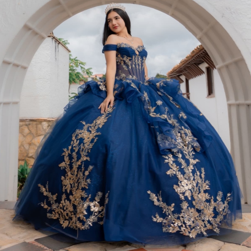 Navy Blue Quinceanera Dresses Ball Gown Off Shoulder Gold Lace Applique Beads Tull Corset Sweet 16 Birthday Party Gown Vestidos 15 Anos