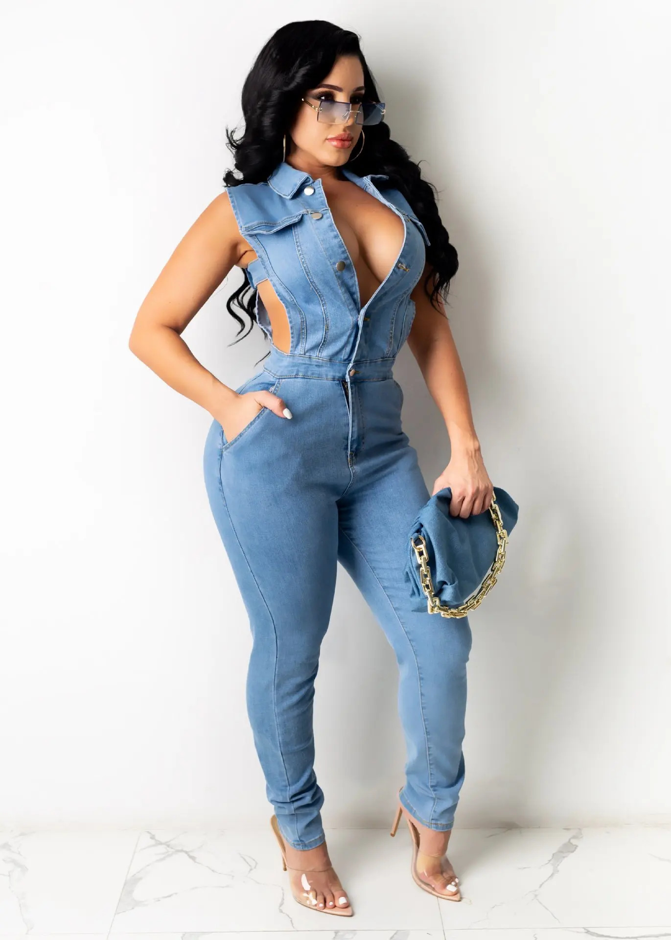 Hollow Denim Ankle Length Pants Women Overalls Spliced Washed Pencil Jeans Vintage Skinny Jean One Piece Button Sexy 250604