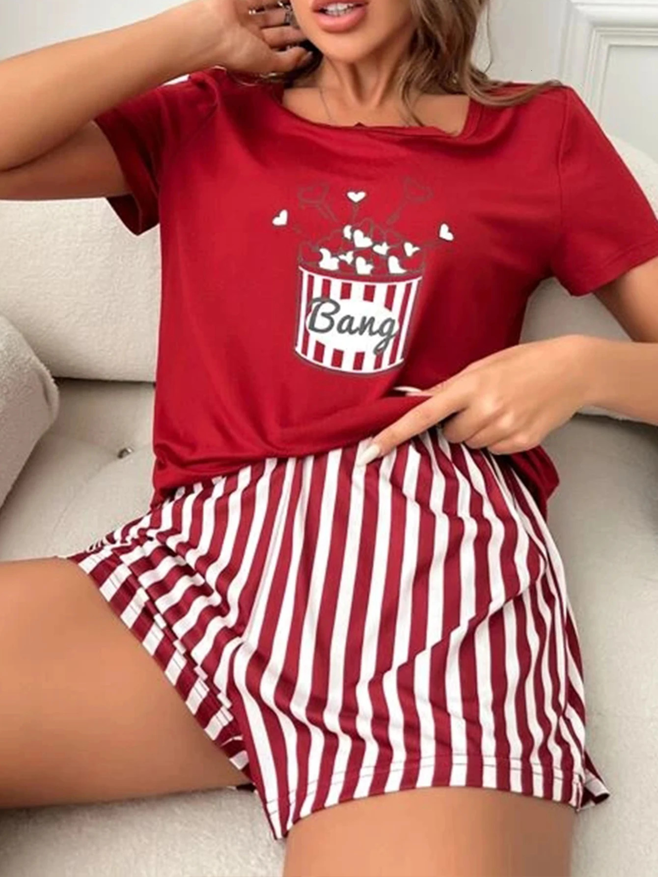 Women Pajamas Set Sleepwear Summer Popcorn Print Short Sleeve Round Neck Top Allover Prints Strip Shorts Casual Loungewear Set 250529