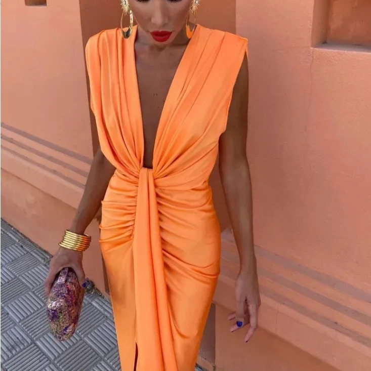 2025 Spring Women Satin Dress Sleeveless V-neck Bodycon Dresses Female Summer Fashion Elegant Dress Evening Dress Lady Clothes 250604