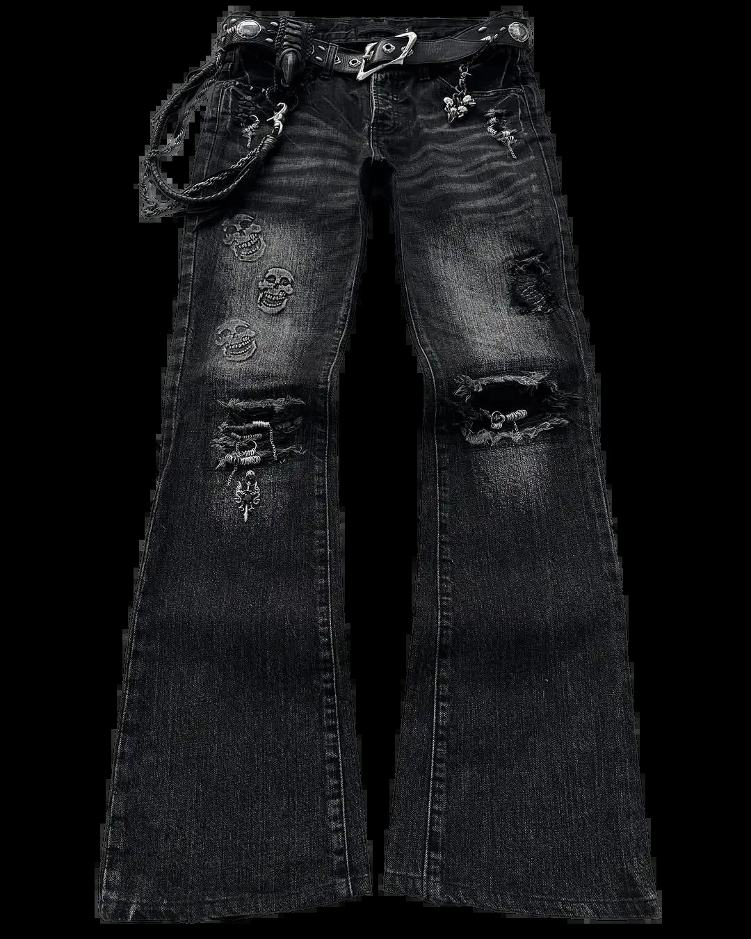 American Retro Gothic Skull Pattern Black Wash Slim Jeans Womens Summer Y2K Street Hiphop Fashion tie Tight Flared Pants 250604