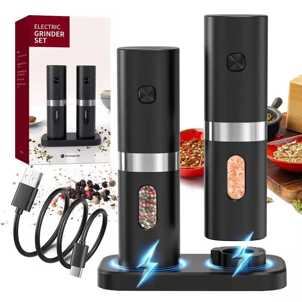 Rechargeable Electric Salt and Pepper Grinder Set USB Spice Salt Pepper Mills With LED Light Adjustable Coarseness Base-Charging X250605