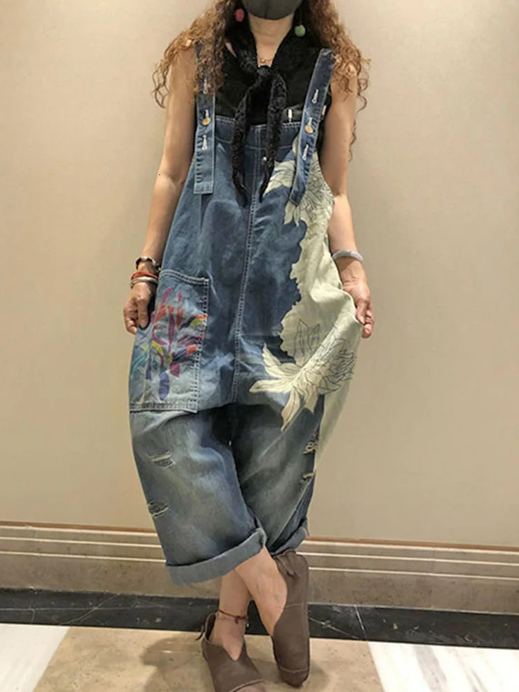 AmaxluluE Females Fashion Overalls Ladies Summer Printed Denim Pants Vintage Casual Jeans Womens Loose Trousers 250604
