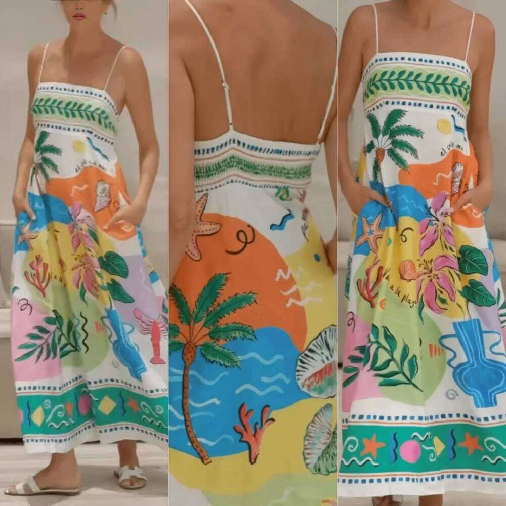 Summer European And American New Sleeveless Collarless High Waist Printed Painted Women's Large Swing Sling Women Dress