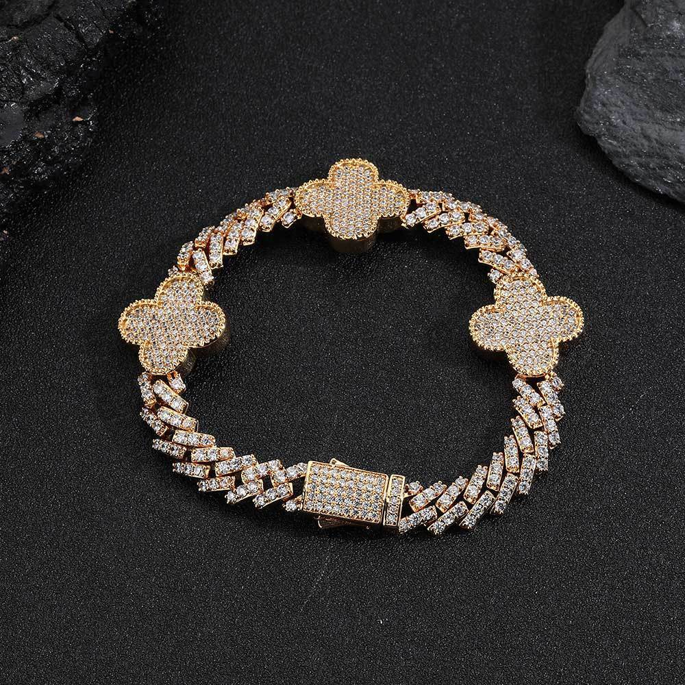 Hip hop Spring Buckle Clover Diamond Cuban Chain Moissanite Bracelet High End Versatile Mens Bracelet