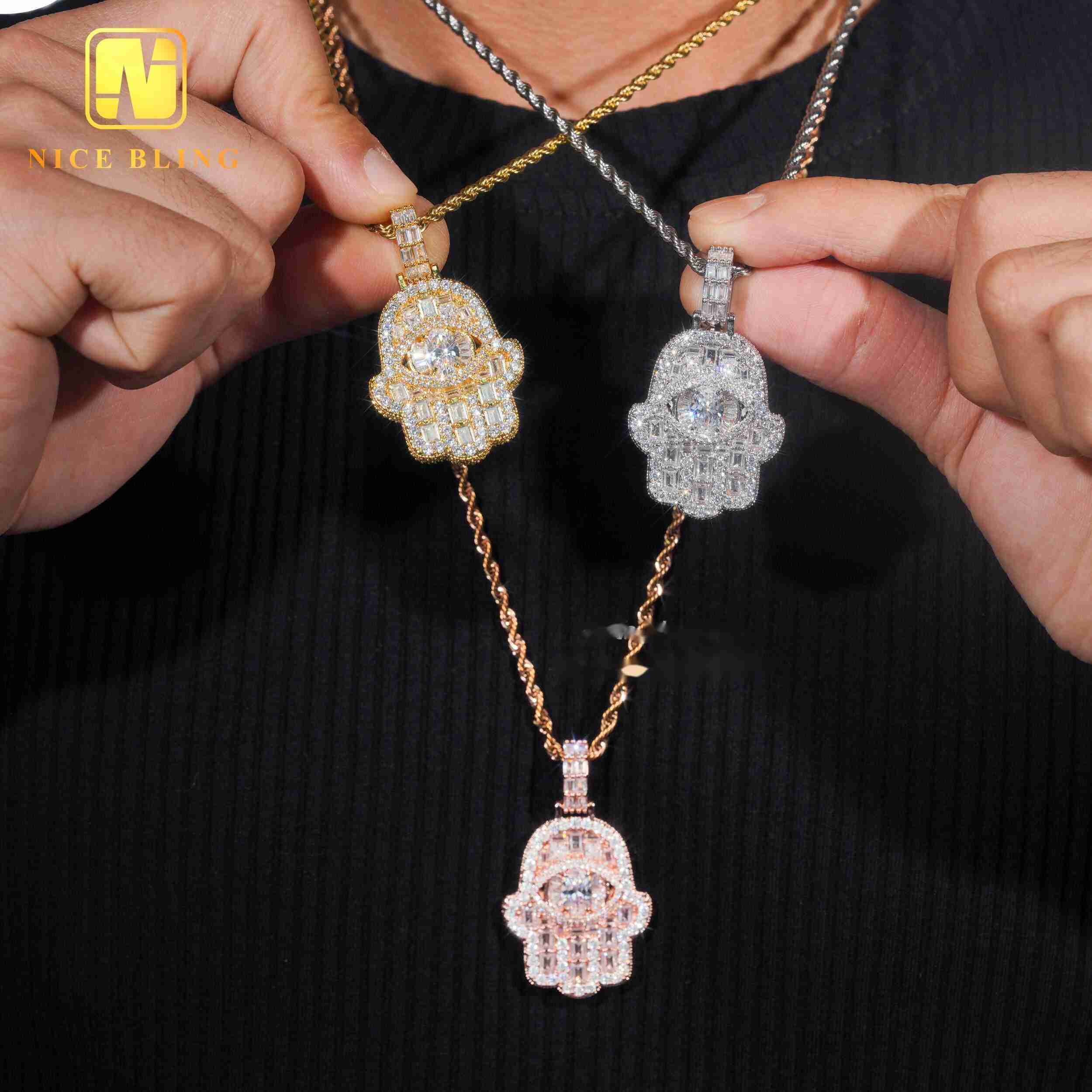 Cheap Price Hamsa Hand Pendant Brass Jewelry Hip Hop Iced Out Emerald Moissanite Diamond Big Eyes Hand Pendant for Men Women