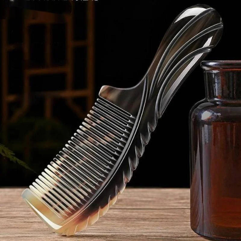Natural Buffalo Horn Comb Fine Teeth Anti Static Massage Hair Comb with Thickening Round Handle for Head Health 250603