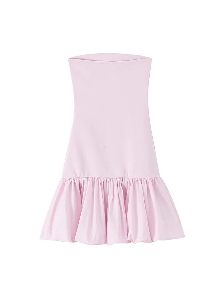 SIYANG Women Fashion Pink Patchwork Pleated Side Zipper Midi Dress Vintage Strapless Slash Neck Female Chic Lady Dresses 250604