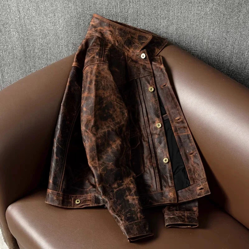 Style Heavy Oil Wax Top Layer Tea Core Horse Leather Short Section Slim Mens Genuine Leather Jacket Retro Coat 250530