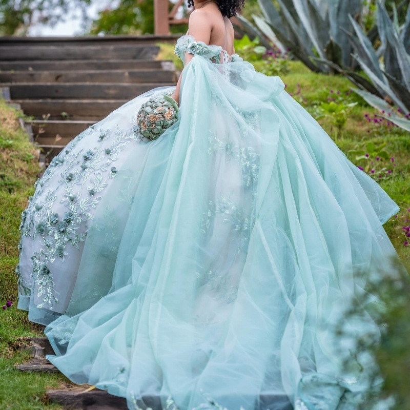 Mint Green Quinceanera Dresses Birthday Party Ball Gown Off the Shoulder Lace Appliques Flower Beads Tull Vestidos De 15 Anos Sweet 16 Dress