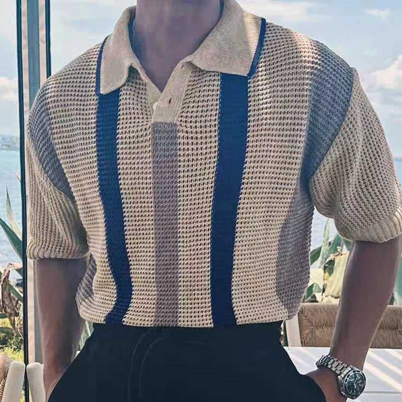 Stylish Striped Hollow Out Knit Polo Shirts Mens Vintage Polo Collar Button Knitted Tops For Men Summer Casual Breathable Polos XJ250605