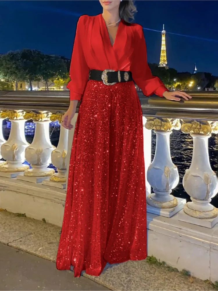 Womens Fall Fashion V-neck Long Sleeved Shirt Elegant Sexy V-neck Waist Slimming Sequin Wide Leg Jumpsuit Set 250603