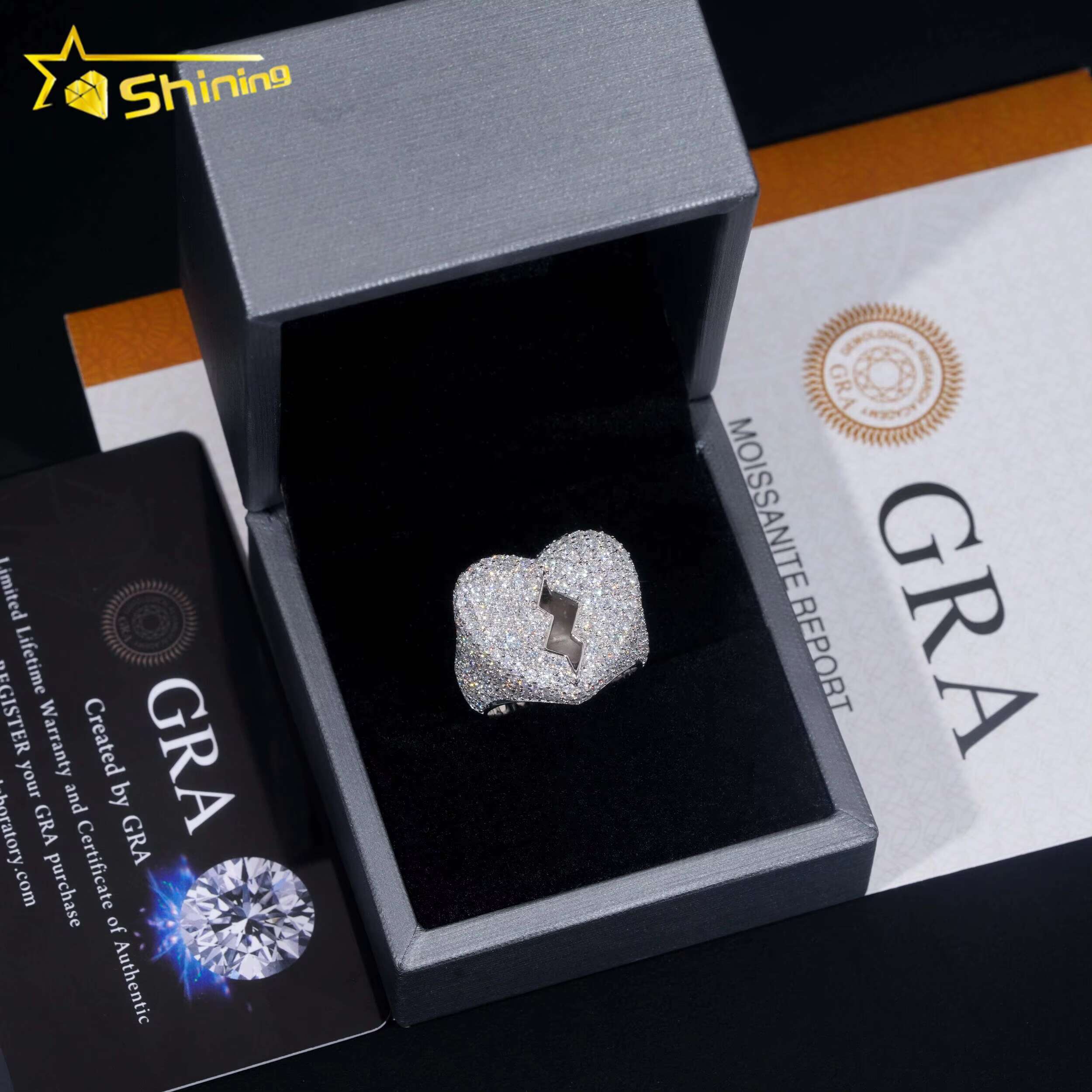 Factory Price GRA Certificate 925 Sterling Silver Gold Plated Fine Jewelry Iced Out Diamond Moissanite Broken Heart Hip Hop Ring