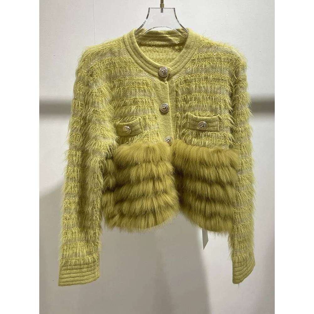 2024 Autumn Girl's Fashion Yellow Fox Cute Sweater Real Fur Spring Lovely Women Knitted Special Design Jacket Wear