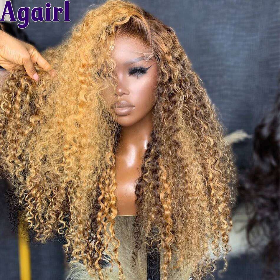 200% Ready Go Curly Human Hair Honey Brown 13X6 Water Wave Frontal Wig Ombre Blonde Black 6X4 Lace Closure Wigs
