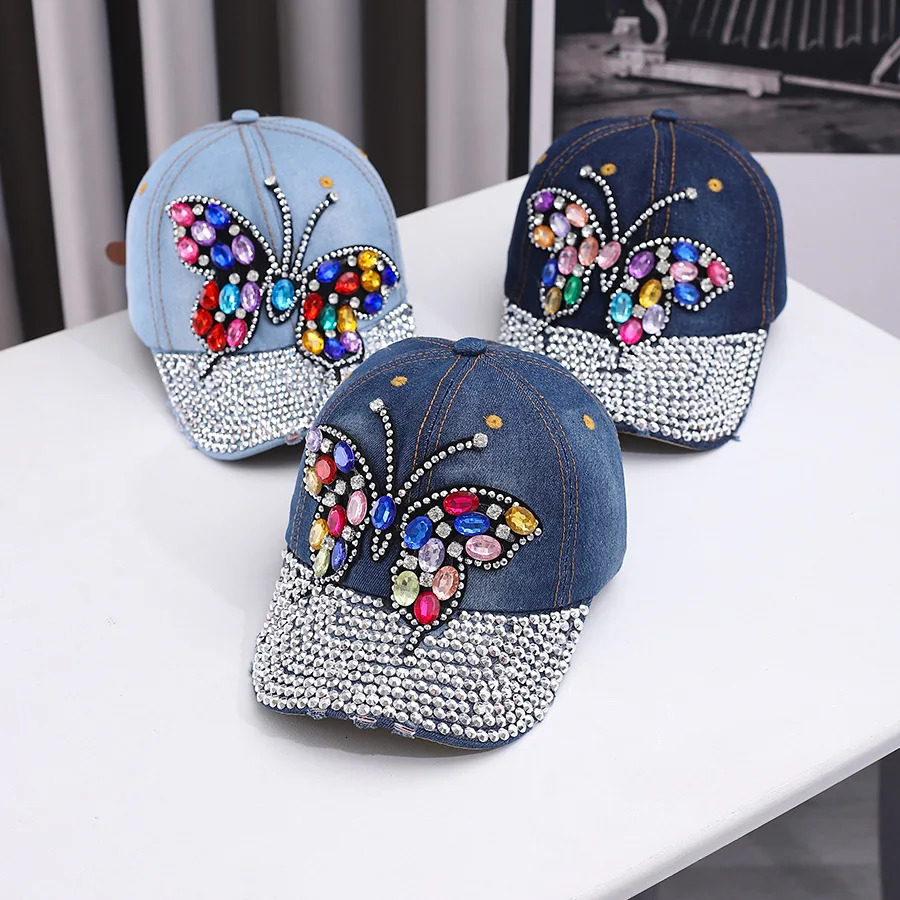 Fashionable And Versatile Outdoor Casual Baseball Cap With Colorful Diamond Inlay Trendy Butterfly Middle-Aged Duckbill Cap 250603