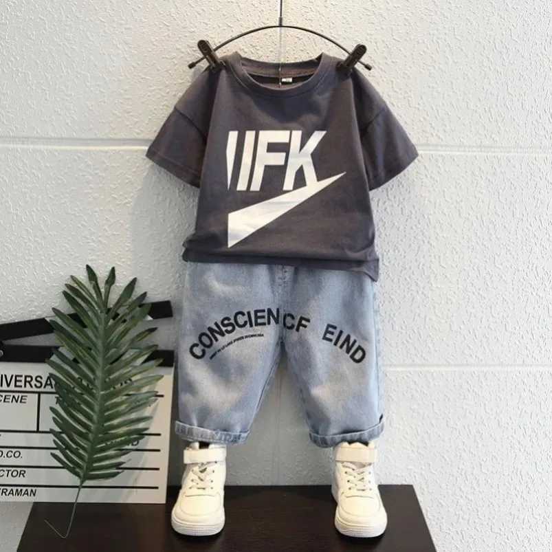 Best Fashion Korean Style Boys Summer Outfit 2PC T-Shirt Jean Shorts Dreams Come True Print Kids Clothes 2-10 Years Toddler Sets R250605