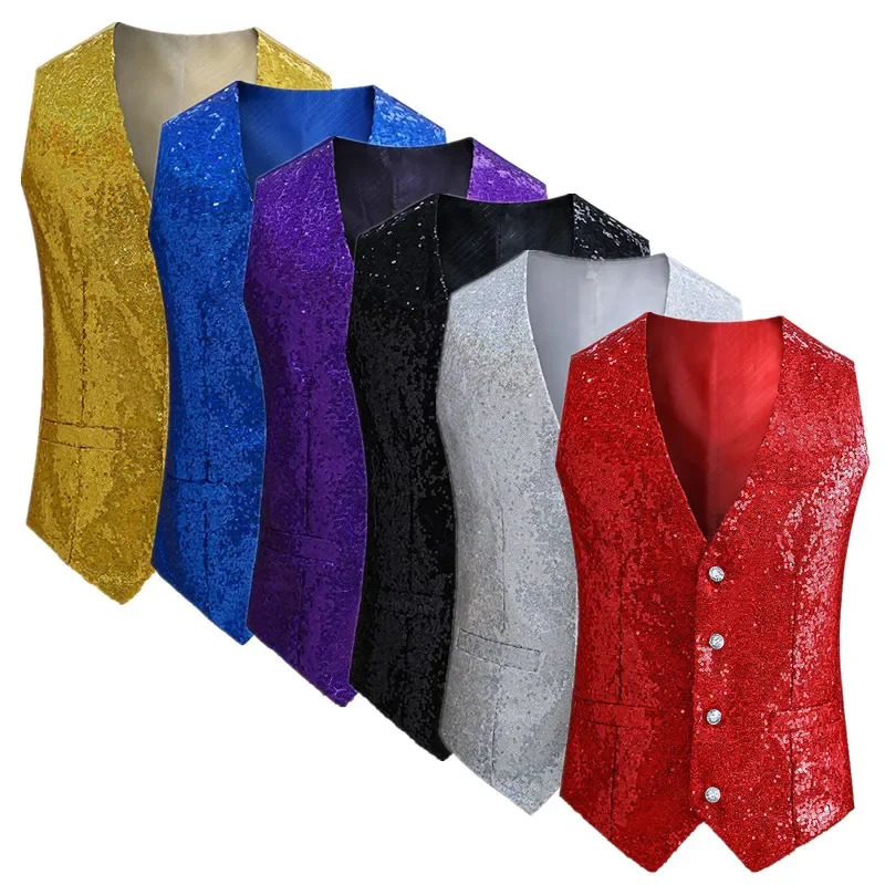 Men Sequin Suit Vest Gold Silver Black Red Fashion Singer Host Pianist Stage Performance Dress Waistcoat 250605Z