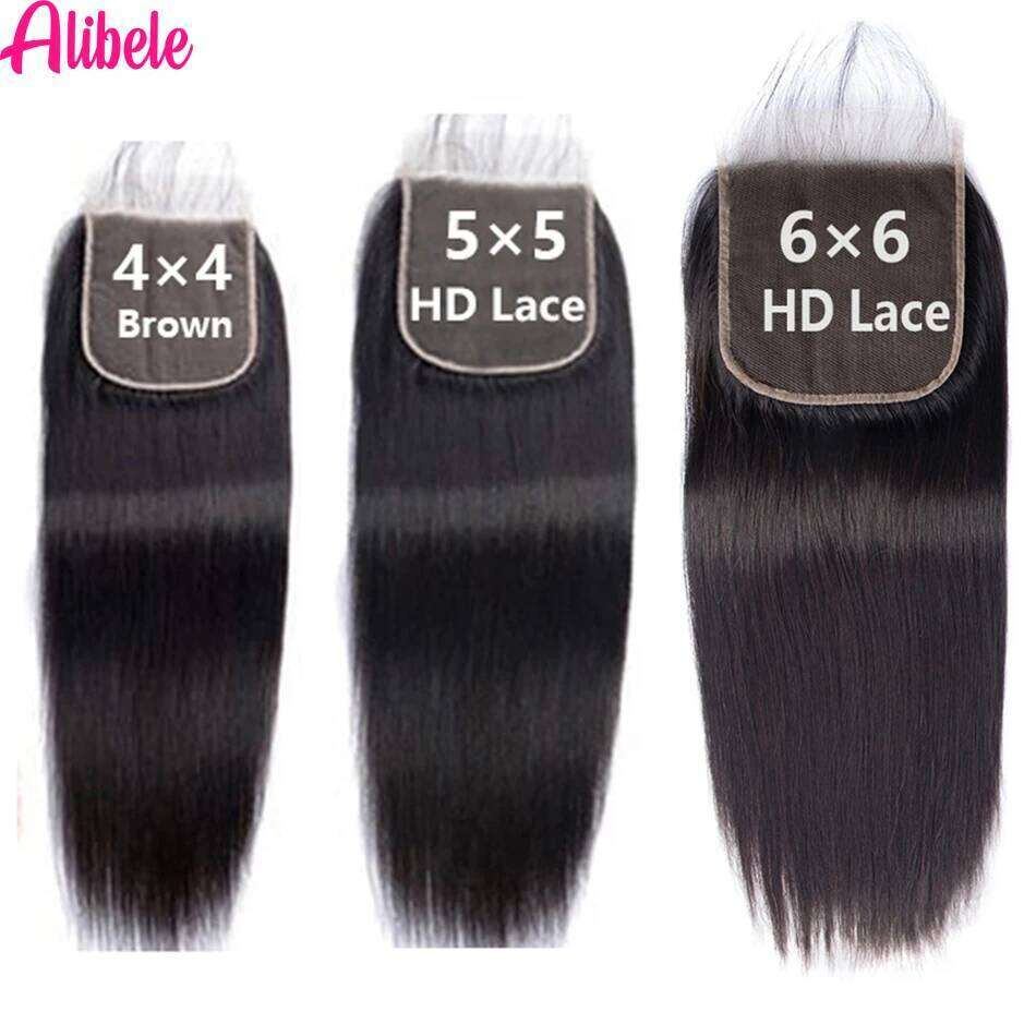 Alibele Hairc 6x6/ 5x5 HD Brazilian Long Human Hair Weave Bundles With 4X4 Lace Closure Black Color